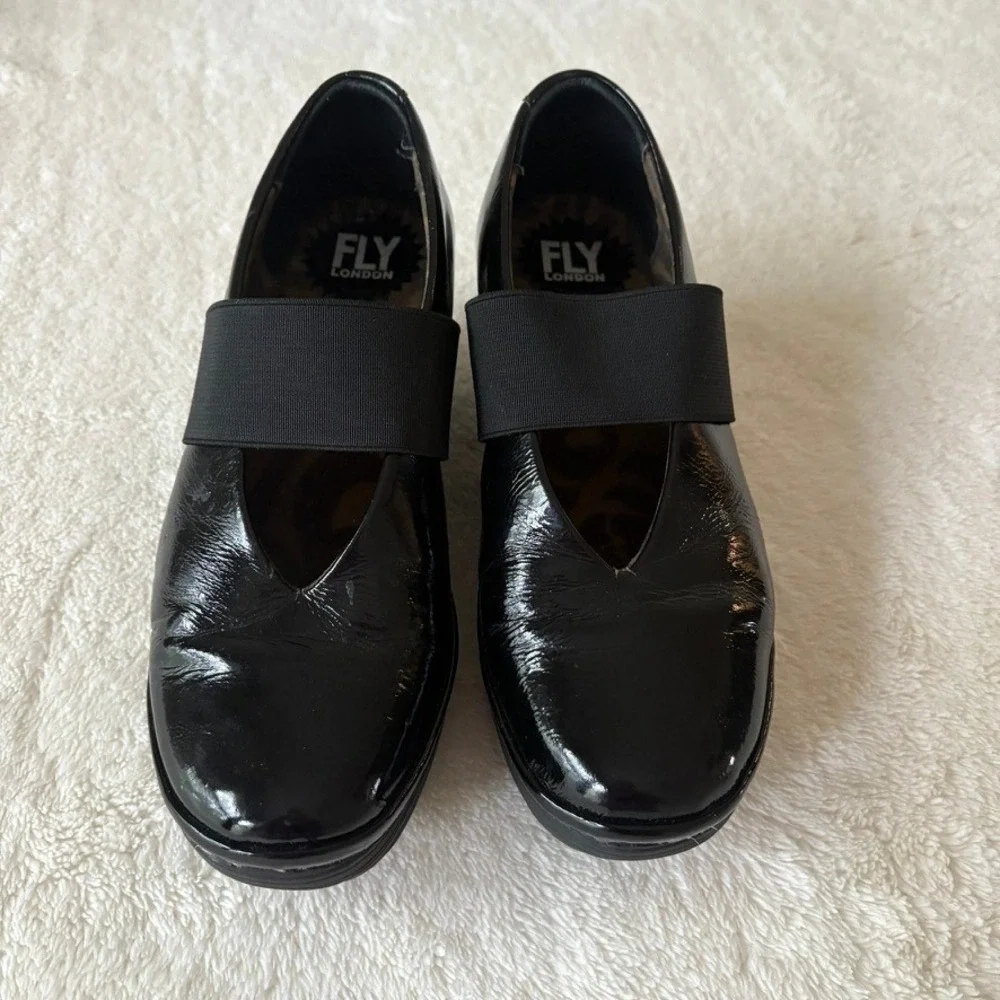 FLY London Yale Mary Jane Wedge Women's 36 Black Patent Leather Elastic Strap